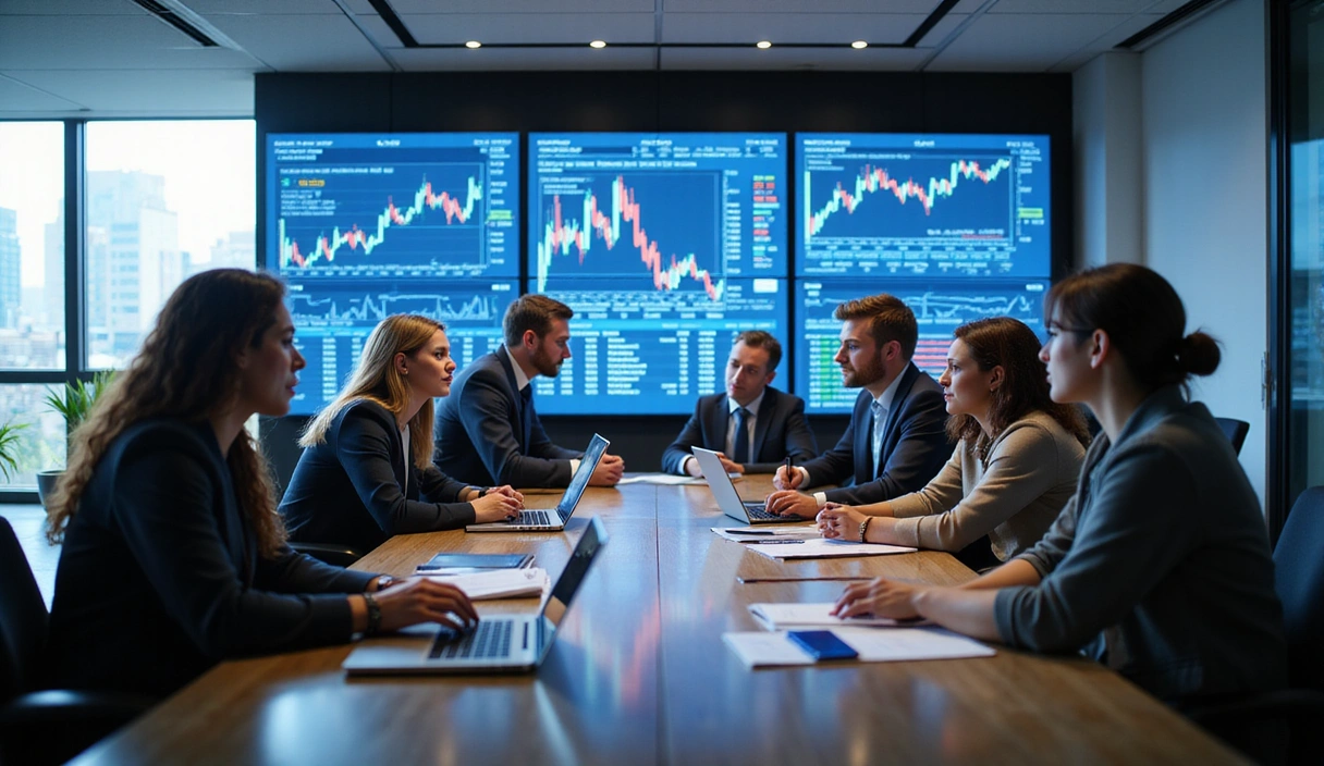 Professional team collaborating in a modern office, financial charts in the background