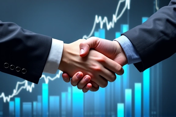 Hands shaking over a financial chart, symbolizing implementation and progress