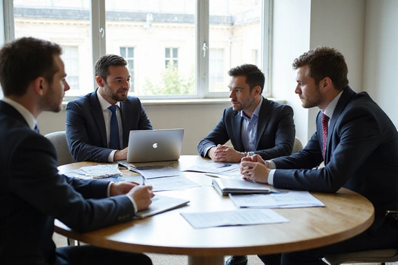 A diverse group of people collaborating around a table, symbolizing financial consulting and teamwork.