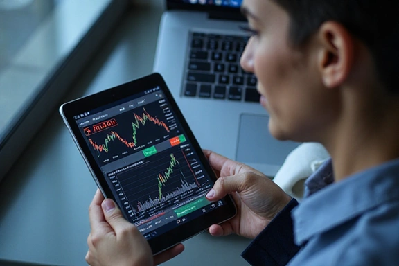 A person looking at stock market graphs on a tablet, symbolizing investment analysis.
