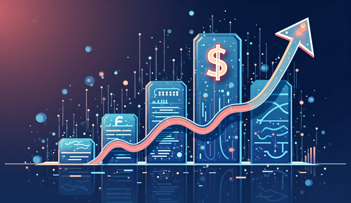Abstract representation of financial growth with upward trending lines and secure digital elements, symbolizing stability and progress.