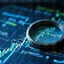 Icon representing market analysis with magnifying glass over a stock chart.