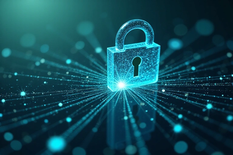 Secure data privacy concept with padlock icon over abstract data flow